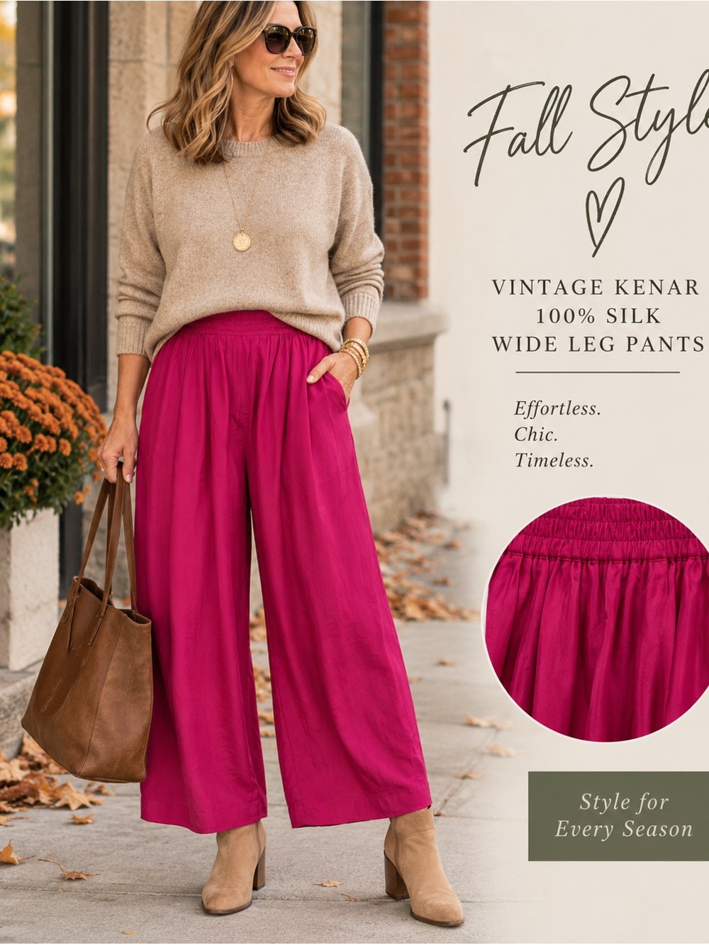 Vintage Kenar 100% Silk wide leg pants – Magenta/Fuchsia – Size L